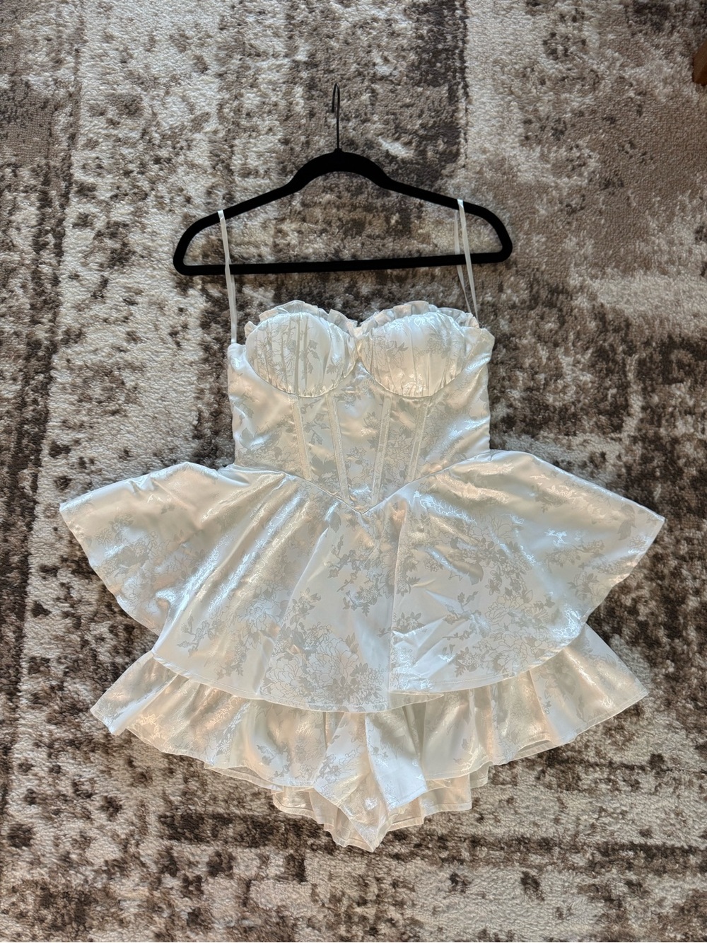 Selfie Leslie White Satin Bustier Peplum Romper